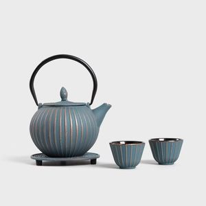Set ceai 4 piese, ceainic cu suport si 2 cesti, Andreas, Homla, fonta, albastru/auriu imagine
