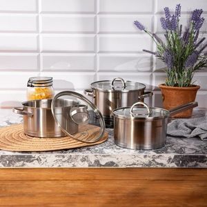 Set de gatit 6 piese Eataly, Homla, 1.5 L / 2 L / 2.5 L, inox/sticla, argintiu imagine