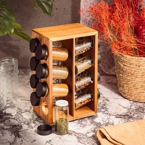 Set 16 recipiente pentru condimente si suport, Lenne, Homla, 17x12x28 cm, lemn/sticla, natur imagine