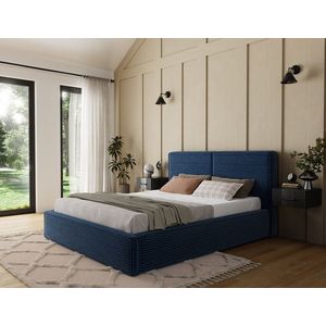 Pat tapitat cu somiera si lada depozitare, 180x200 cm, ELTAP, Pesillo, lemn/poliester, albastru inchis imagine