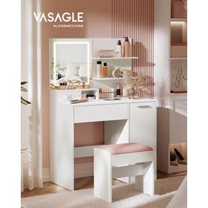 Masa de machiaj cu oglinda LED si priza Kailyn, Vasagle, 80x40x132 cm, PAL, alb imagine