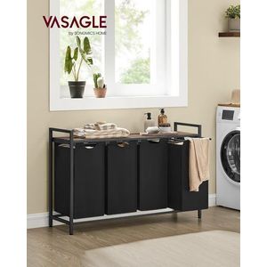 Cos de rufe cu 4 compartimente si raft depozitare, Vasagle, 116x33x72 cm, 4x40L, MDF/otel, maro/negru imagine