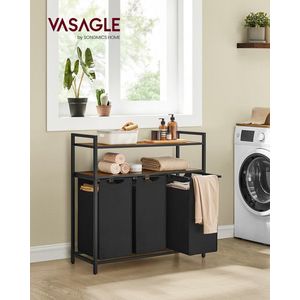 Cos de rufe cu 3 compartimente si 2 rafturi, Vasagle, 92.5x33x92 cm, 3x40 L, MDF/otel/tesatura Oxford, maro rustic/negru imagine
