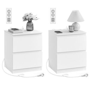 Set 2 noptiere cu prize si porturi USB Kailyn, Vasagle, 40x35x49 cm, MDF/PAL, alb imagine