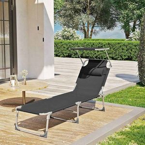 Sezlong pliabil cu parasolar si tetiera, Songmics, max 150 kg, 193x53x29.5 cm, negru imagine