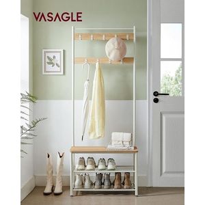 Cuier cu bancheta si pantofar, Vasagle, 70x32x175 cm, PAL/otel, alb/natural imagine