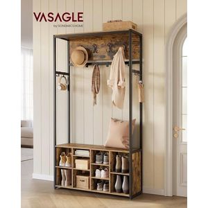 Cuier cu bancheta si pantofar, Vasagle, 100x32x180 cm, PAL/otel, maro rustic imagine