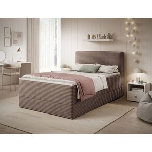 Pat continental tapitat cu lada depozitare, 120x200 cm, ELTAP, Alamito, lemn/poliester, maro deschis imagine