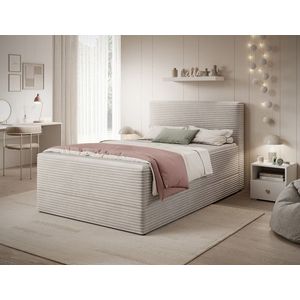 Pat continental tapitat cu lada depozitare, 140x200 cm, ELTAP, Alamito, lemn/poliester, alb murdar imagine