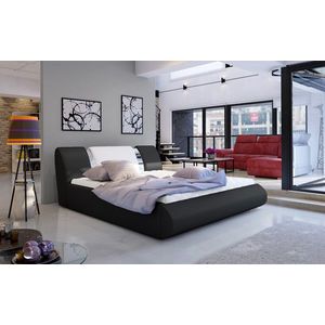 Pat tapitat cu somiera si lada depozitare, 140x200 cm, ELTAP, Flavio, lemn/poliester, negru/alb imagine