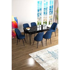 Set masa extensibila si scaune, Hanah Home, Han, Marmură neagră / Albastru marin imagine