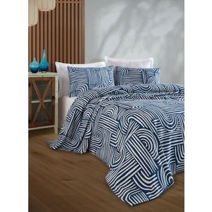 Set cuvertura pique Single, L'essentiel Maison, Line Art, Bumbac, Albastru imagine