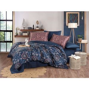 Lenjerie de pat dubla Exclusive Satin 6 piese, L'essentiel Maison, Fiorella, Albastru închis / Maro imagine