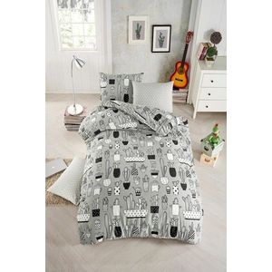 Lenjerie de pat dubla, L'essentiel Maison, Cactus Fitted, Gri / Negru / Alb imagine