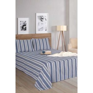 Set de pat dublu (cearceaf cu elastic si perne) 3 piese, L'essentiel Maison, Soft Line, Albastru navy imagine