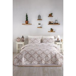 Set cuvertura de pat dubla 3 piese, L'essentiel Maison, Post, Alb/Maro imagine