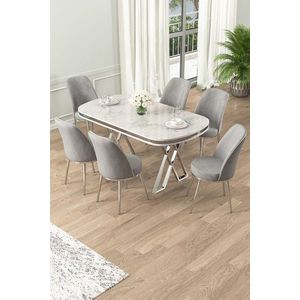 Set masă și scaune (7 piese), Hanah Home, Lai, Alb / Crom / Gri imagine