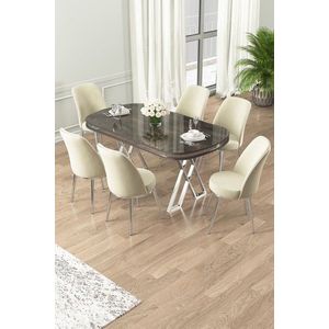 Set masă și scaune (7 piese), Hanah Home, Lai, Antracit / Crom / Crem imagine