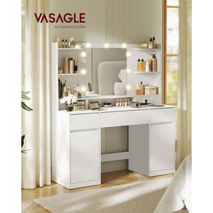 Masa de toaleta cu oglinda LED, prize si porturi USB, Kailyn, Vasagle, 107x40x144 cm, PAL/MDF, alb cloud imagine