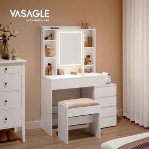 Masa de toaleta cu taburet si oglinda cu LED-uri / masuta dressing, Vasagle, 80s40s137.5 cm, MDF, alb imagine
