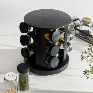 Set 12 recipiente pentru condimente si suport, Otto, Homla, 19x21 cm, metal/sticla/plastic, negru/transparent imagine