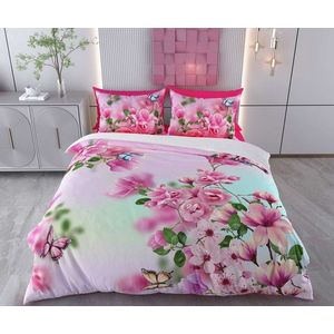 Lenjerie de pat pentru o persoana Single XXL (DE), 2 piese, L'essentiel Maison, Begona, Bumbac;Poliester, Alb / Roz / Verde imagine