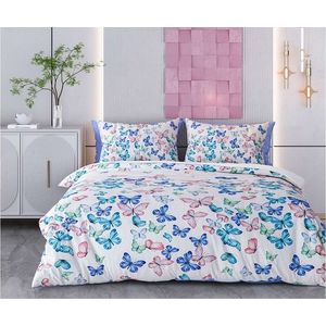 Lenjerie de pat pentru o persoana Single XXL (DE), 2 piese, L'essentiel Maison, Butterfly Valley, Bumbac;Poliester, Alb / Albastru închis / Verde / Albastru / Roșu imagine