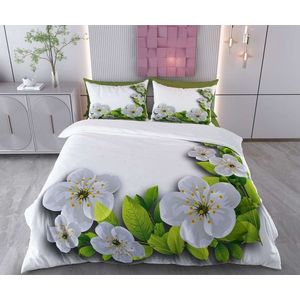 Lenjerie de pat pentru o persoana Single XXL (DE), 2 piese, L'essentiel Maison, Plum Blossom, Bumbac;Poliester, Alb / Verde / Gri imagine