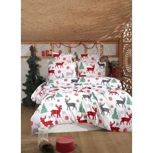 Lenjerie de pat dubla King (EU) (ES), 3 piese, L'essentiel Maison, Geyik, Alb / Roșu / Verde / Gri imagine