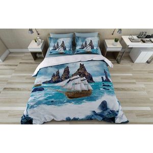 Lenjerie de pat dubla King (FR), 3 piese, L'essentiel Maison, Ocean, Bumbac;Poliester, Albastru / Alb / Albastru închis imagine