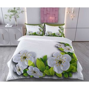 Lenjerie de pat dubla Super King (EU) (IT), 3 piese, L'essentiel Maison, Plum Blossom, Bumbac;Poliester, Alb / Verde / Gri imagine
