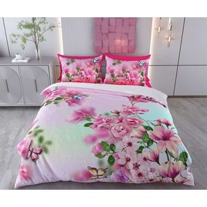 Lenjerie de pat dubla Super King (FR), 3 piese, L'essentiel Maison, Begona, Bumbac;Poliester, Alb / Roz / Verde imagine