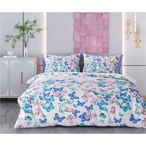 Lenjerie de pat dubla Super King (FR), 3 piese, L'essentiel Maison, Butterfly Valley, Bumbac;Poliester, Alb / Albastru închis / Verde / Albastru / Roșu imagine