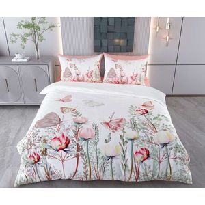 Lenjerie de pat dubla Super King (FR), 3 piese, L'essentiel Maison, Linda, Bumbac;Poliester, Alb / Roz deschis / Roșu / Verde imagine