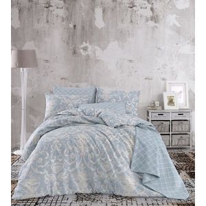 Lenjerie de pat dubla Super King (EU) (IT), 3 piese, L'essentiel Maison, Tuval, 65% bumbac/35% poliester, Albastru / Crem imagine