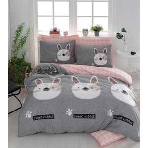 Lenjerie de pat dubla Super King (FR), 3 piese, L'essentiel Maison, Tavşancık, 65% bumbac/35% poliester, Gri / Maro / Alb / Roz imagine