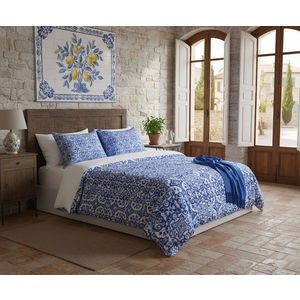 Lenjerie de pat dubla King (FR), 3 piese, L'essentiel Maison, Linza, Albastru inchis/Alb imagine