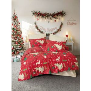 Lenjerie de pat dubla King (FR), L'essentiel Maison, Joyful, Roșu / Alb-gălbui / Verde / Verde deschis imagine