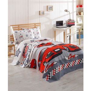 Cuvertura pique Single (FR), L'essentiel Maison, Crazy, Bumbac, Alb / Gri / Roșu imagine