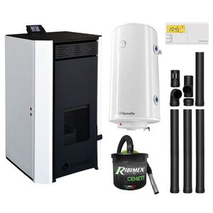 Pachet Termosemineu pe peleti Fornello EVA 18 KW, pompa circulatie, vas expansiune, Grup siguranta, WI-FI, buncar, tiraj fortat, kit evacuare, termostat Salus 091FLRFV2, aspiratior, boiler 100L, Clasa A++, recomandat pentru 120 mp, Alb imagine