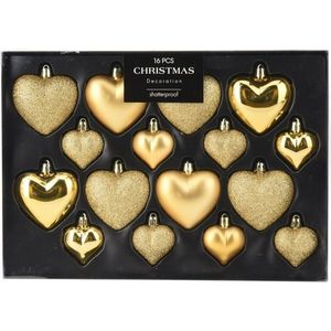 Set de 16 ornamente de Crăciun Hearts, auriuintens, cutie 31, 5x3, 5x22, 5 cm, plastic, auriu imagine