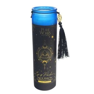 Lumânare organică Arome Sage & White Tea 300 gîntr-un pahar înalt colorat cu ciucure, albastru deschis imagine