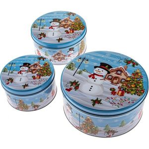 Set de 3 cutii de tablă rotunde Om de zăpadă, albastru imagine