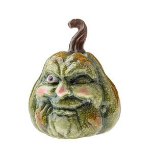 Decorațiune de toamnă Dovleac cu față, 13 x 16 cm, verde, ceramică imagine