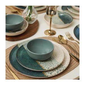 Set veselă 24 piese, turcoaz/crem, din ceramică stoneware imagine