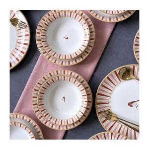 Set de veselă 24 piese, ceramică, alb/roșu/auriu imagine