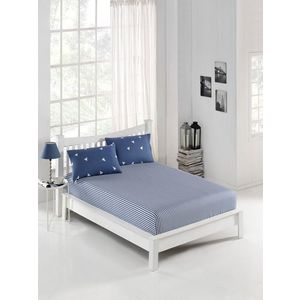 Set de pat dublu (cearceaf cu elastic si perne) 3 piese, L'essentiel Maison, Üçgen, 65% bumbac/35% poliester, Albastru/Alb imagine