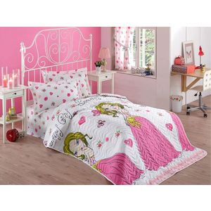 Set cuvertura matlasata Single 160x220 cm, 2 piese, L'essentiel Maison, Beatiful Girl, 65% bumbac/35% poliester , White / Pink / Yellow / Fuchsia / Green imagine