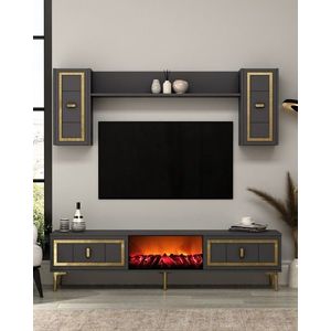Comoda TV, Hanah Home, Orion Fireplace, 150x44.6x29.6 cm, PAL , Antracit / Aur imagine