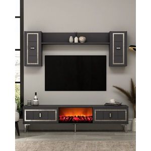 Comoda TV, Hanah Home, Orion Fireplace, 150x44.6x29.6 cm, PAL , Antracit / Argintiu imagine
